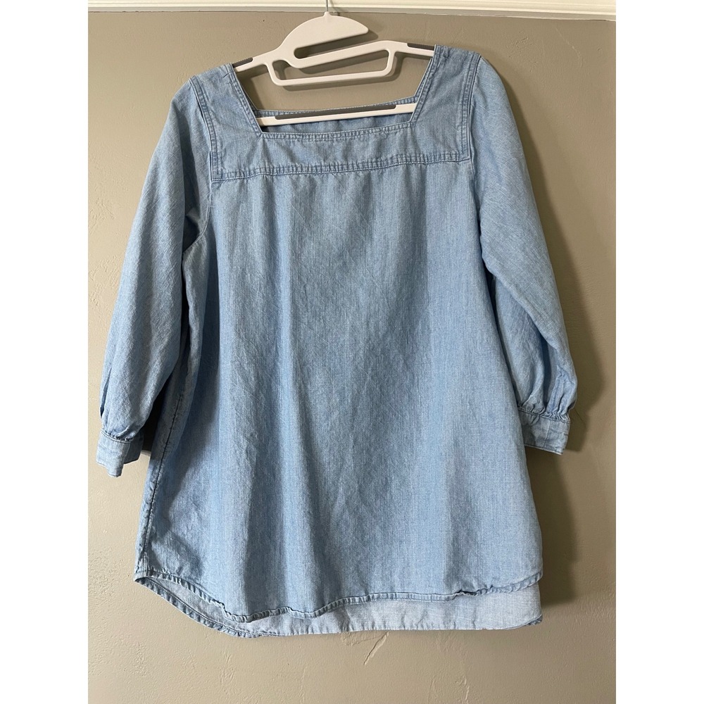 Time and Tru Womens Chambray Tunic Top Light Wash Denim Square Neck Small 4-6